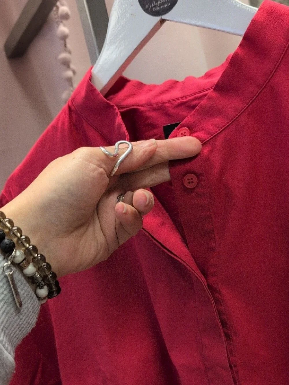 Lafayette 148 New York Bold Red Short-Sleeve Band-Collar Button-Down - Picture 5 of 8